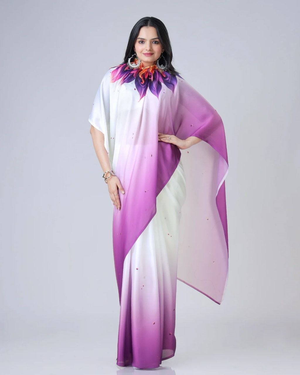 Tanmira Graceful White & Purple Crepe Silk Saree with Bold Floral Design Party Perfect STR