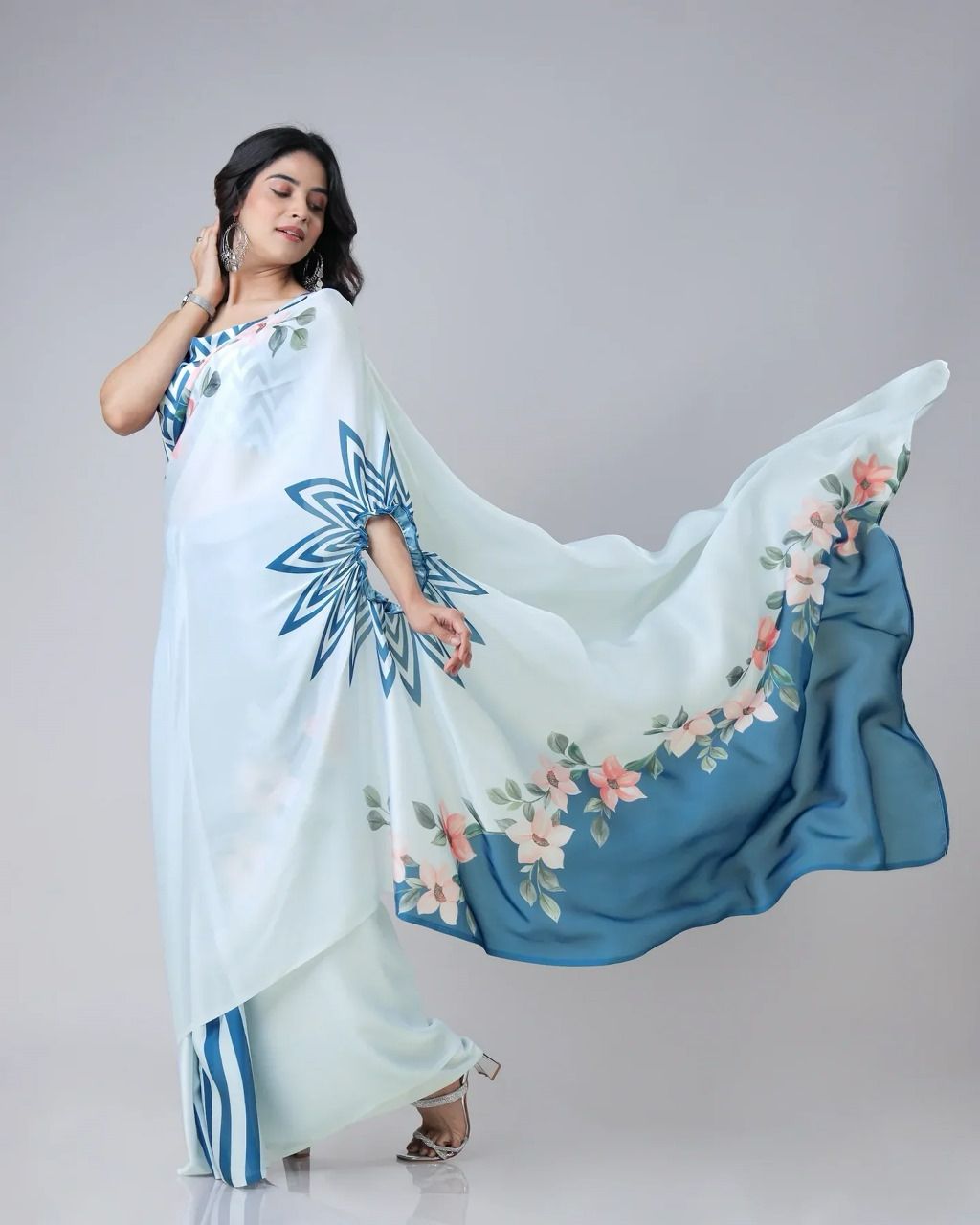 Tanmira New Blue Blossom Bollywood Party Wear Saree in Crepe Silk Fabric STR