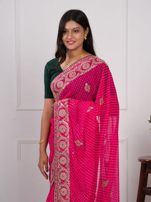 gotapati work Leheriya saree in pink colour