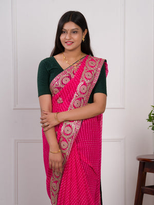 gotapati work Leheriya saree in pink colour