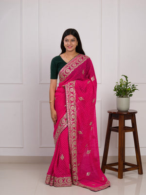 gotapati work Leheriya saree in pink colour