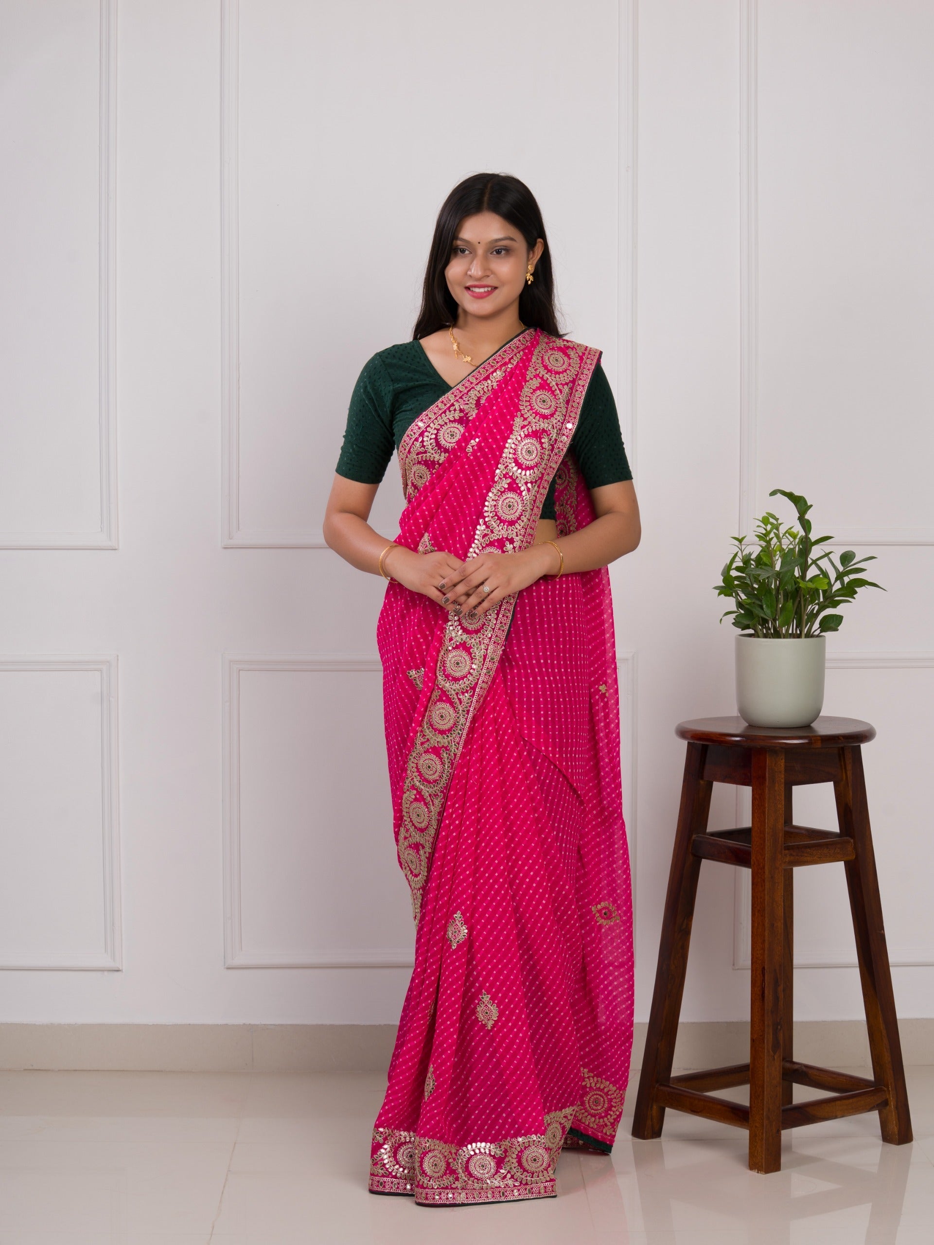 gotapati work Leheriya saree in pink colour