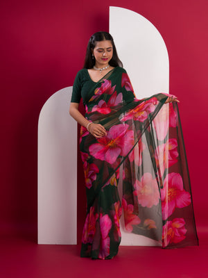 Georgette Flower Printed Style Saree in black colour