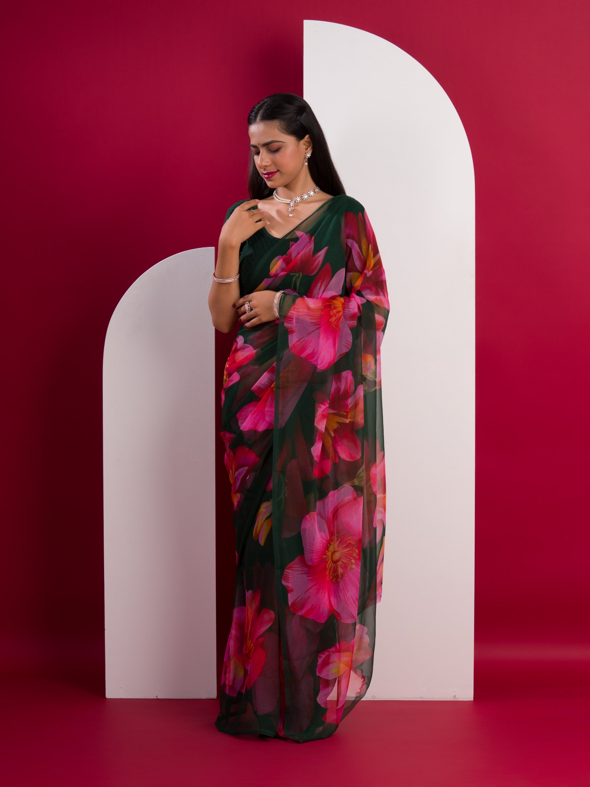 Georgette Flower Printed Style Saree in black colour