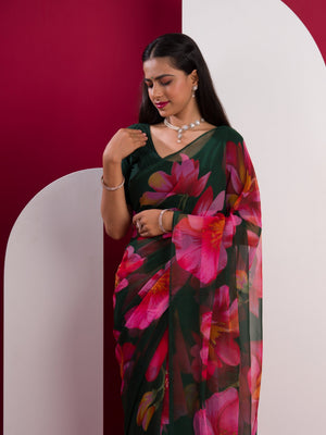 Georgette Flower Printed Style Saree in black colour