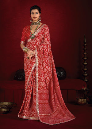 By New Arrival Modal Silk Ajrakh Style With Gotapatti Work Saree