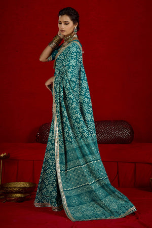 By New Arrival Modal Silk Ajrakh Style With Gotapatti Work Saree