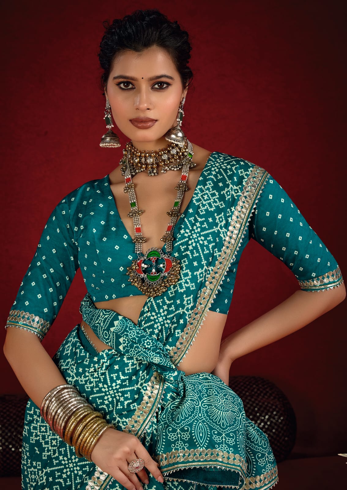 Tanmira New Latest Modal Silk Ajrakh Style With Gotapatti Work Saree STR