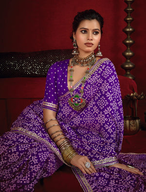 By New Arrival Modal Silk Ajrakh Style With Gotapatti Work Saree
