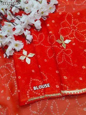Bright red saree with gold patterns Chiffon Bandhani Style With Gotapatti Work Saree