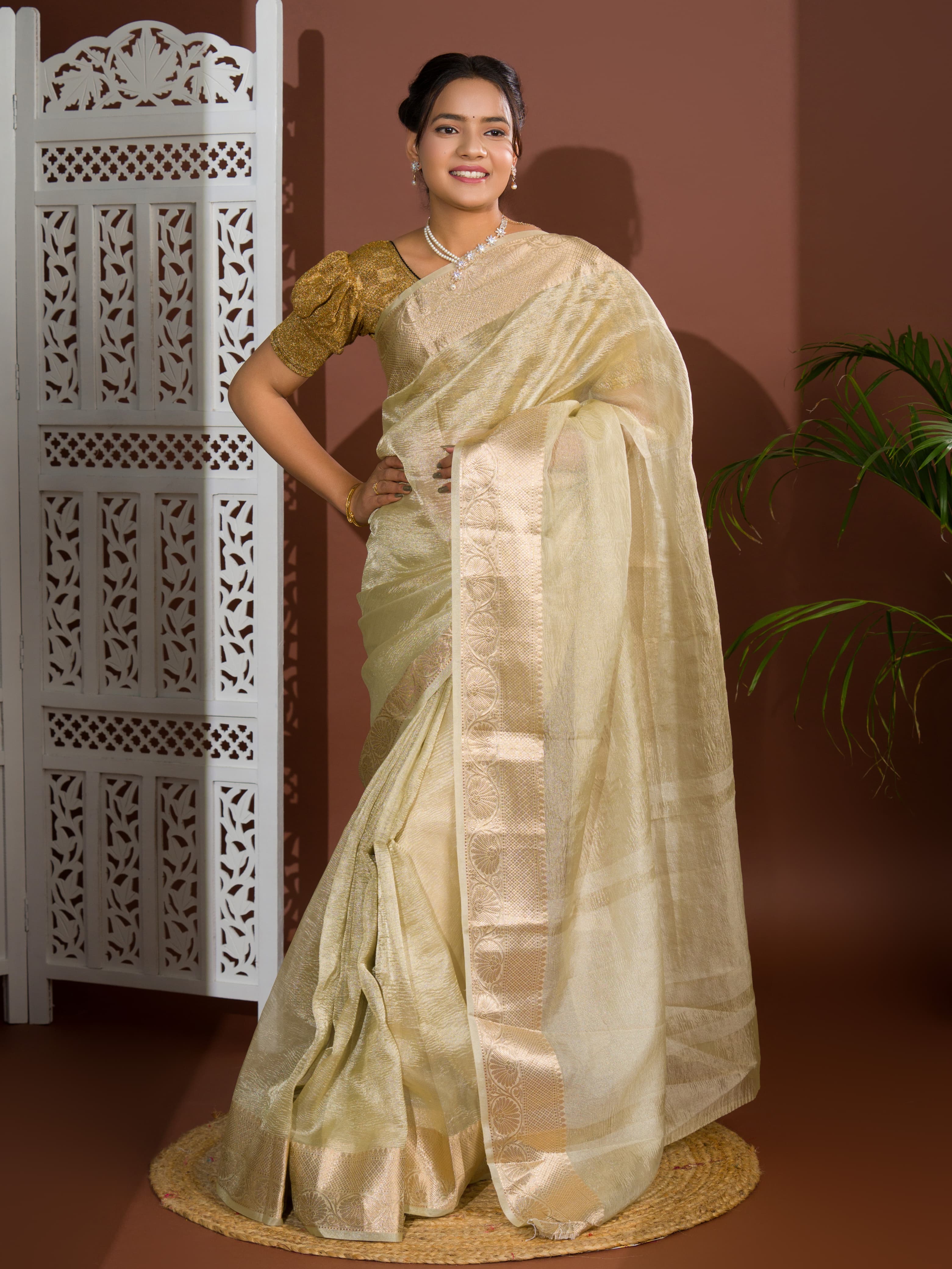 Tanmira pure Tissue Silk Banarasi Handloom Zari Border saree INA