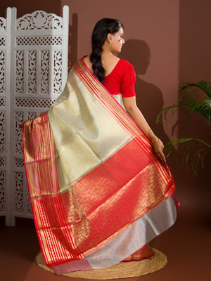 Silk Banarasi Zari weaving Saree in red colour border