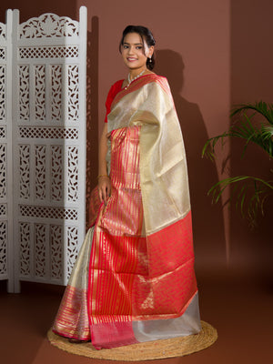 Silk Banarasi Zari weaving Saree in red colour border