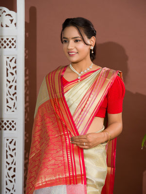 Silk Banarasi Zari weaving Saree in red colour border