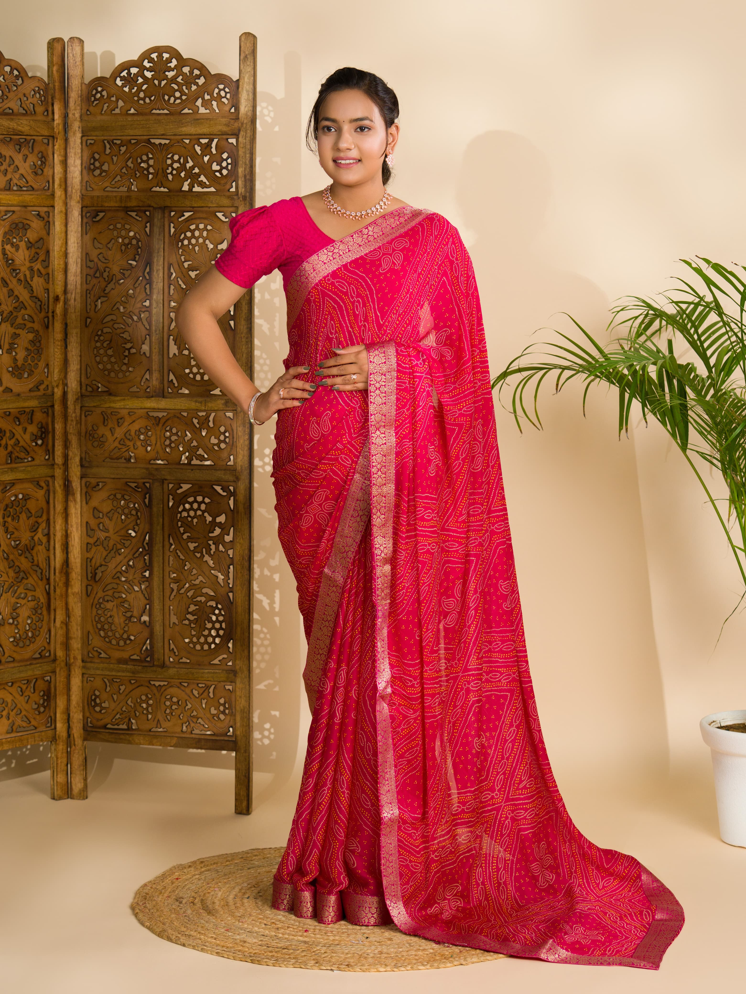 Tanmira Beautiful Moss Chiffon Georgette Bandhani Sarees Rani