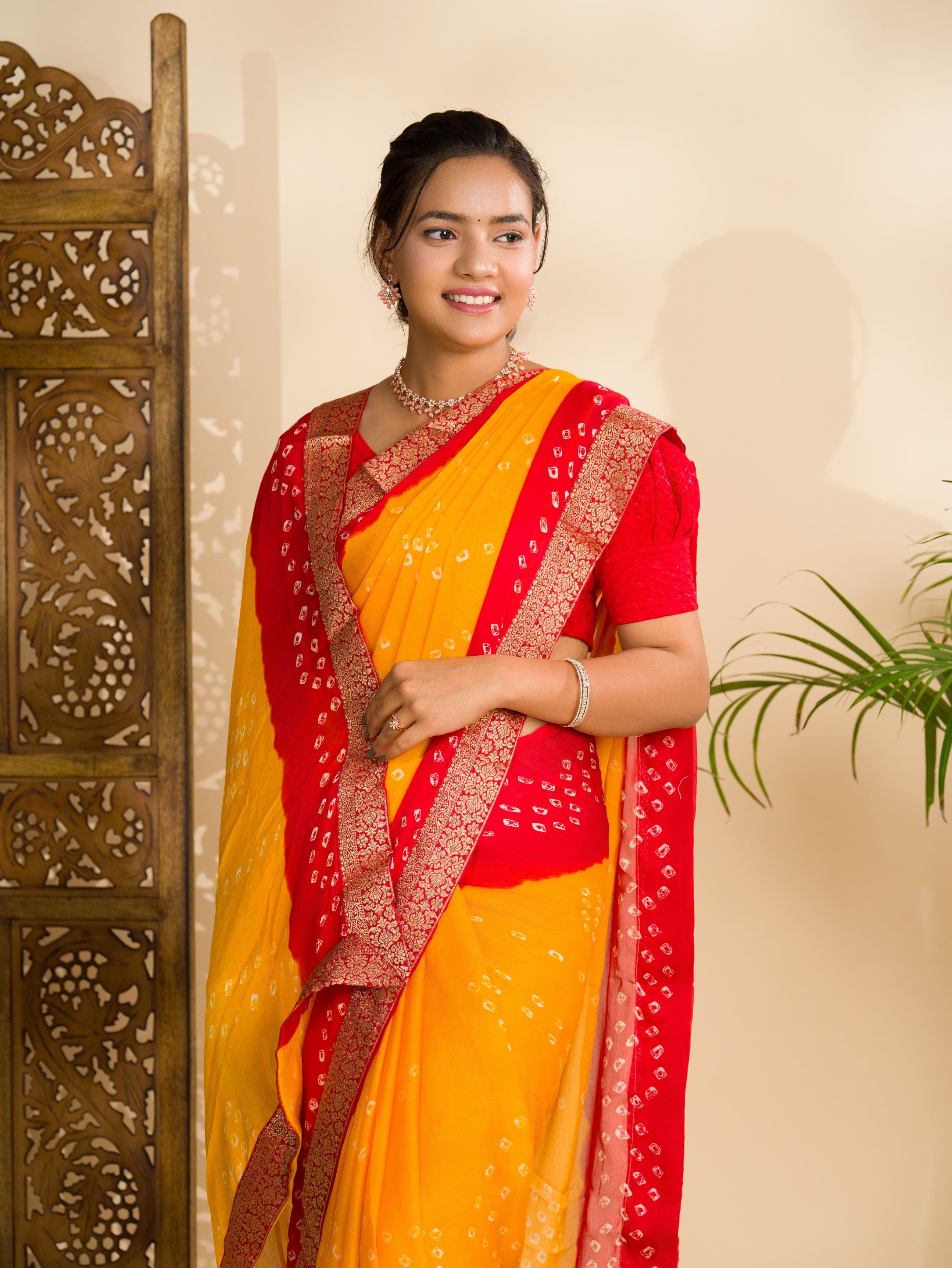 Tanmira New Beautiful Moss Chiffon Georgette Bandhani Sarees Yellow Red