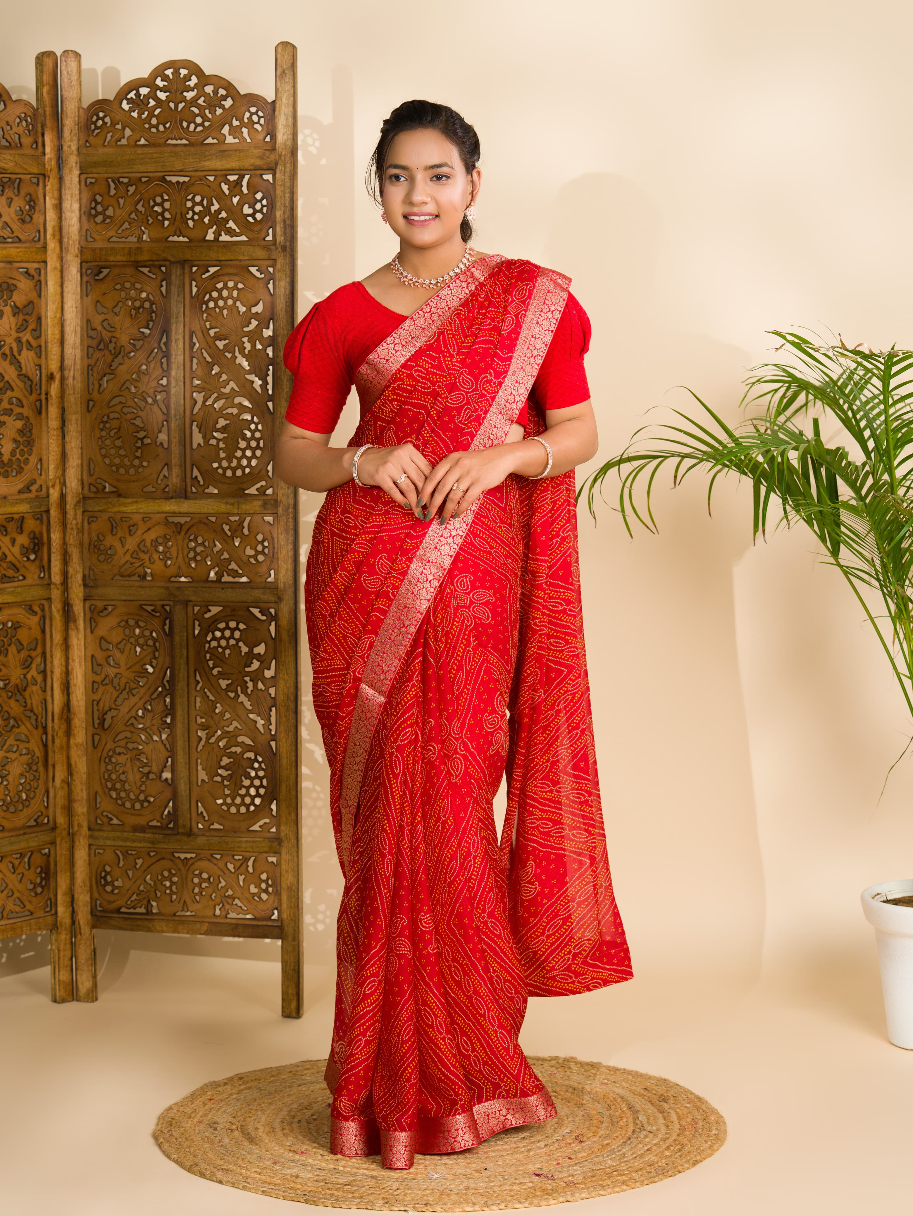 Tanmira Beautiful Moss Chiffon Georgette Bandhani Sarees Red