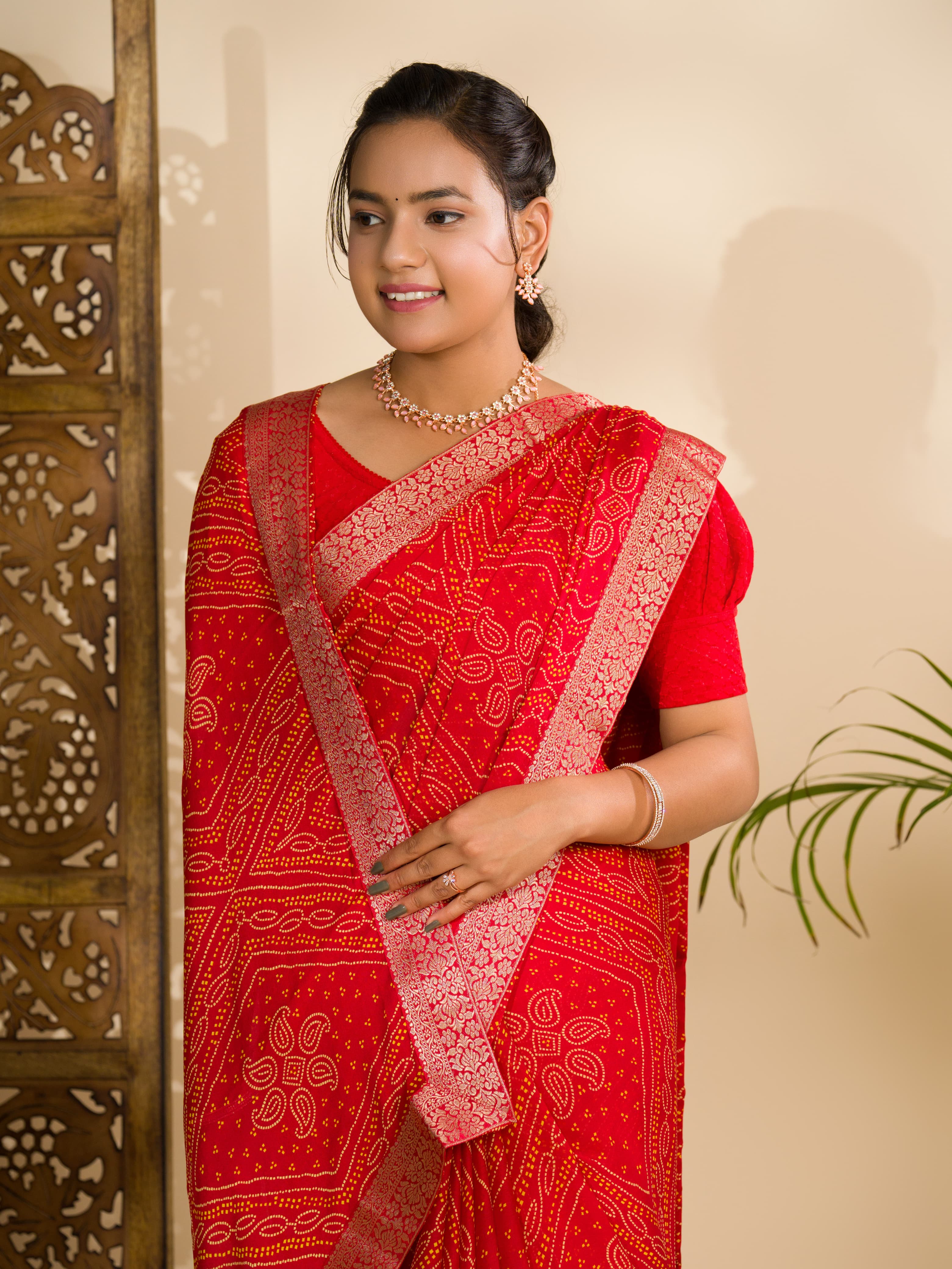 Tanmira Beautiful Moss Chiffon Georgette Bandhani Sarees Red