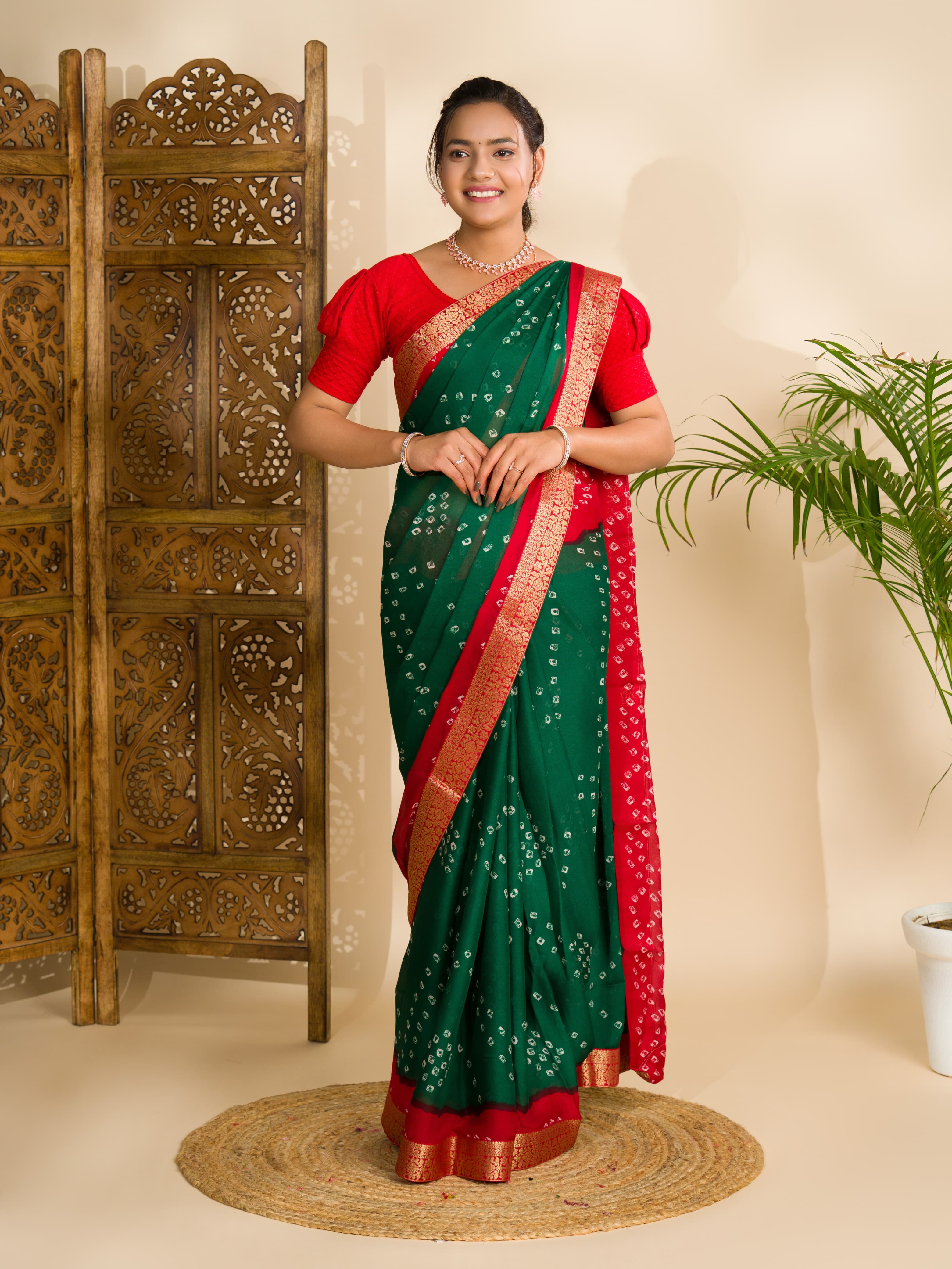 Tanmira New Latest Moss Chiffon Georgette Bandhani Sarees Green Red