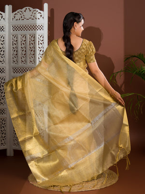 A golden Banarasi handloom saree with tissue silk