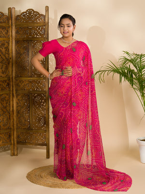 A rani colour geometric patterned saree with bandhani style dots under 500