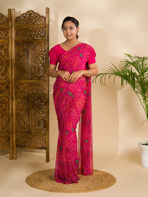 A rani colour geometric patterned saree with bandhani style dots under 500