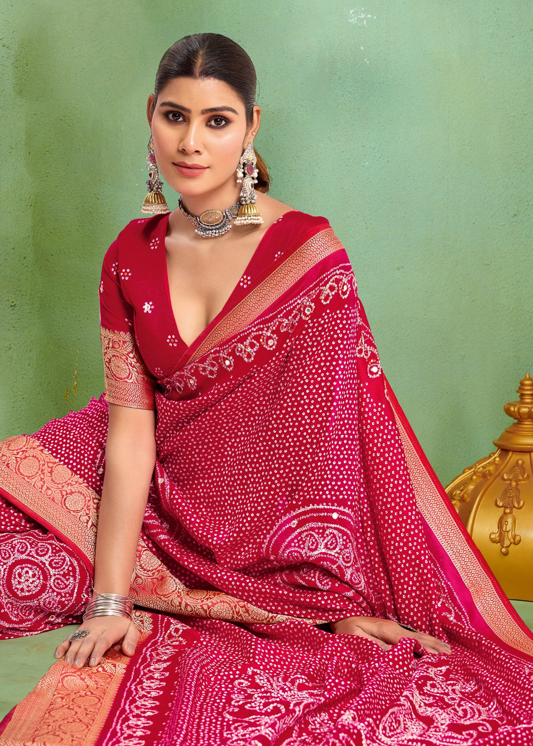 Tanmira Designer Dola Silk Bandhani Print Gotapatti Aaritari work Saree Rani GAN