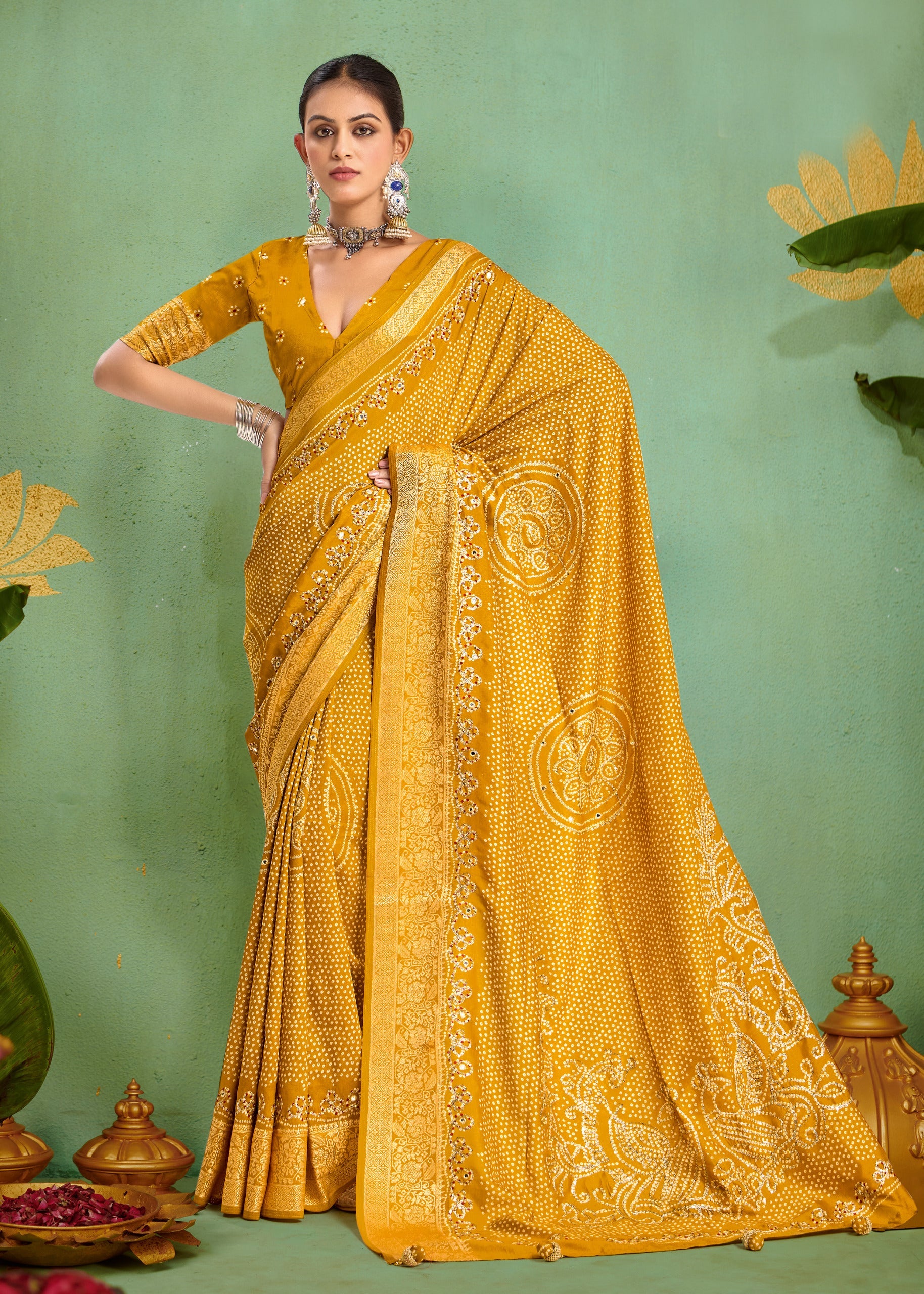 Tanmira New Dola silk Bandhani Print Gotapatti Aaritari work Saree Green GAN