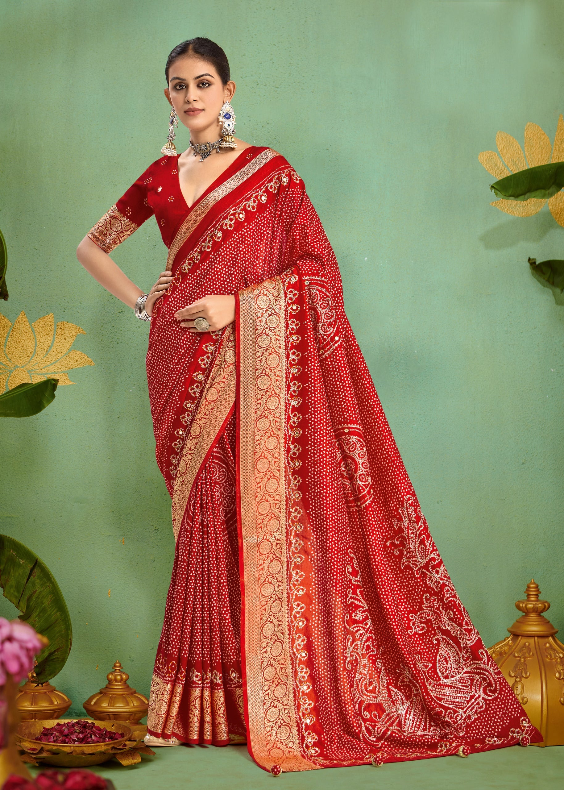 Tanmira Designer Dola Silk Bandhani Print Gotapatti Aaritari work Saree Red GAN