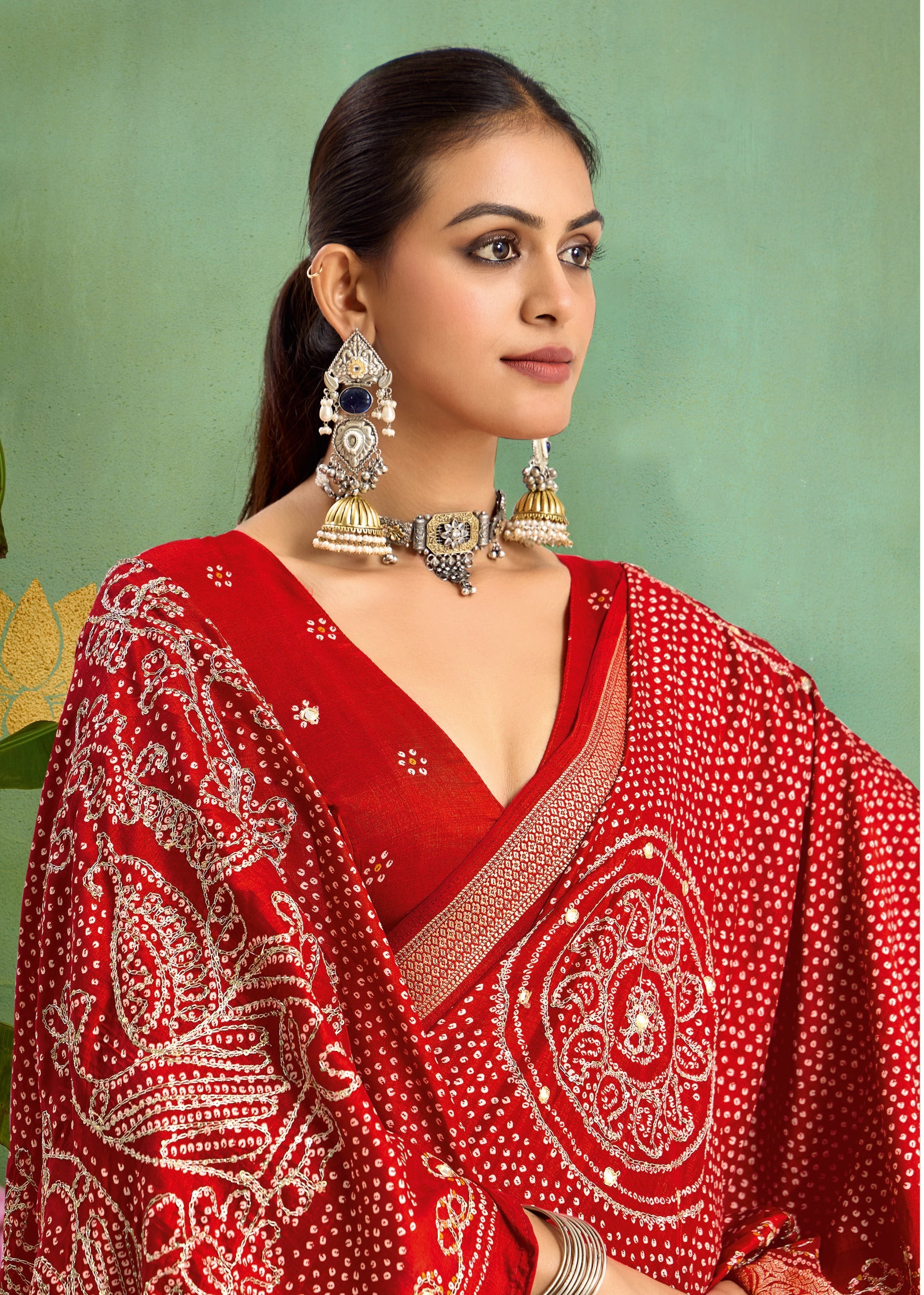 Tanmira Designer Dola Silk Bandhani Print Gotapatti Aaritari work Saree Red GAN