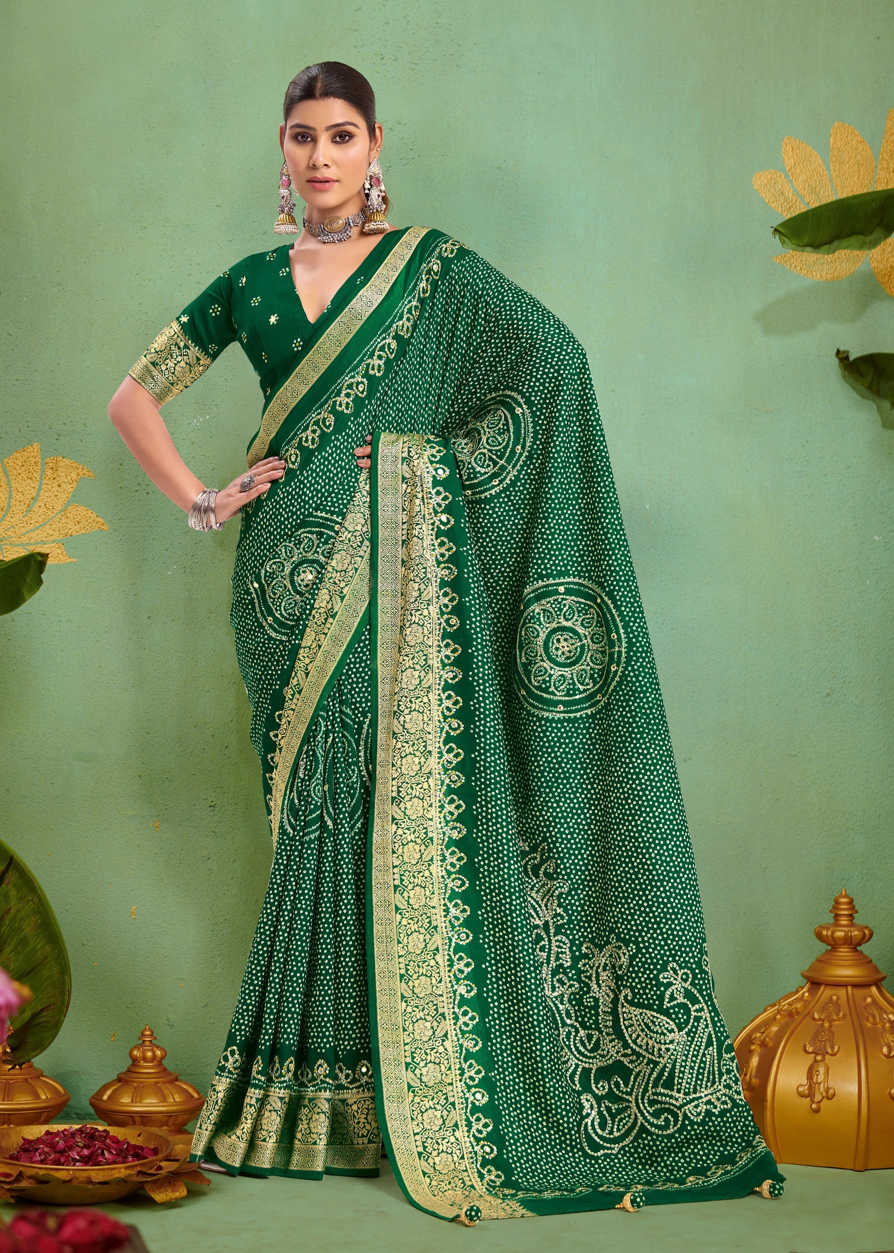 Tanmira Dola silk Bandhani Print Gotapatti Aaritari work Saree Green GAN