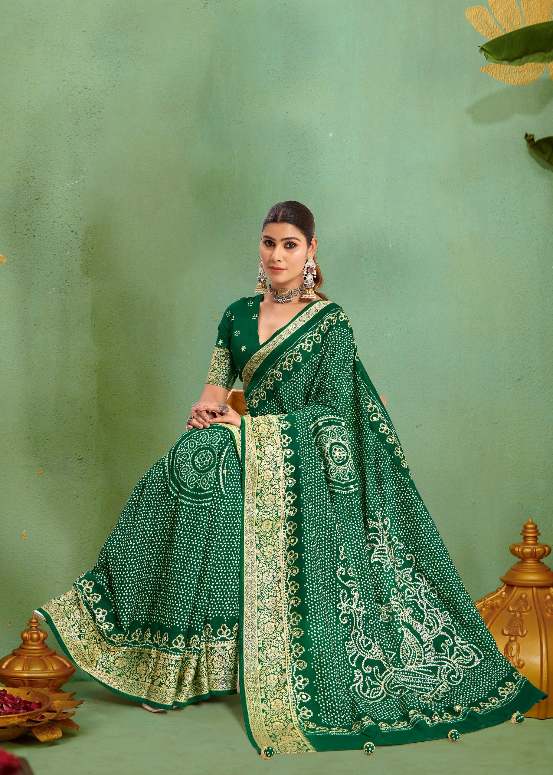 Tanmira Dola silk Bandhani Print Gotapatti Aaritari work Saree Green GAN
