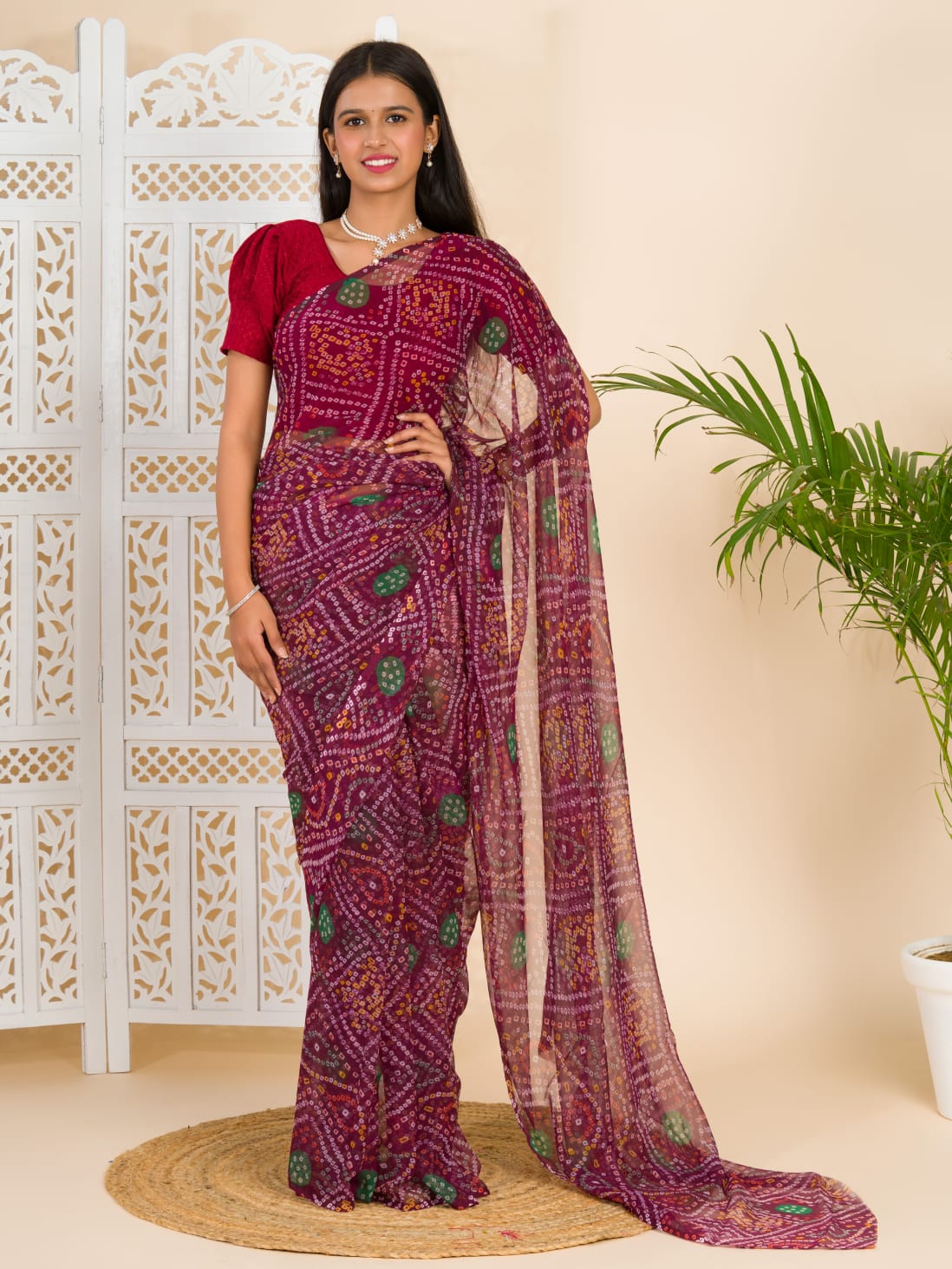 Tanmira Rajwadi Style Royal Georgette Bandhani Sarees Wine