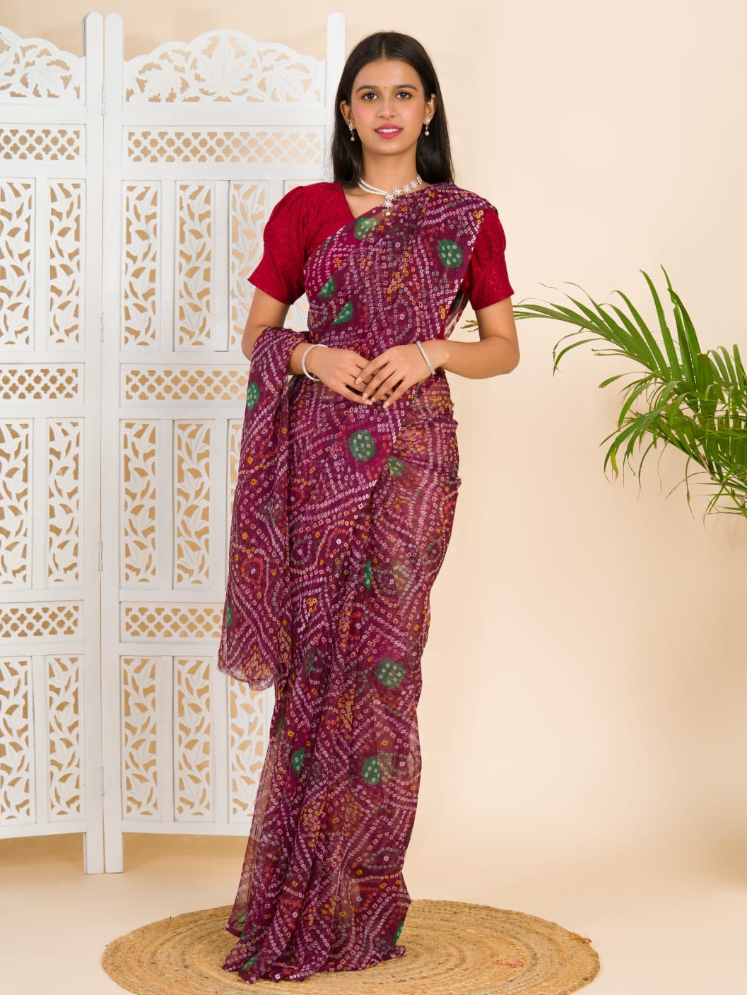 Tanmira Rajwadi Style Royal Georgette Bandhani Sarees Wine