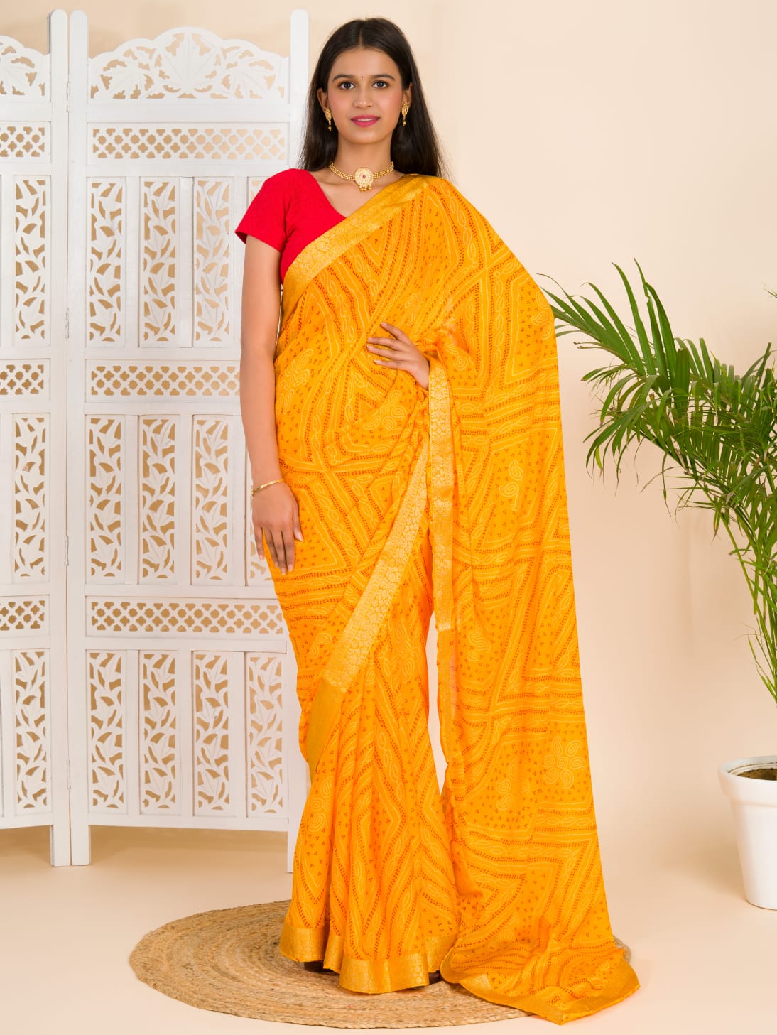 Tanmira Beautiful Moss Chiffon Georgette Bandhani Sarees Yellow