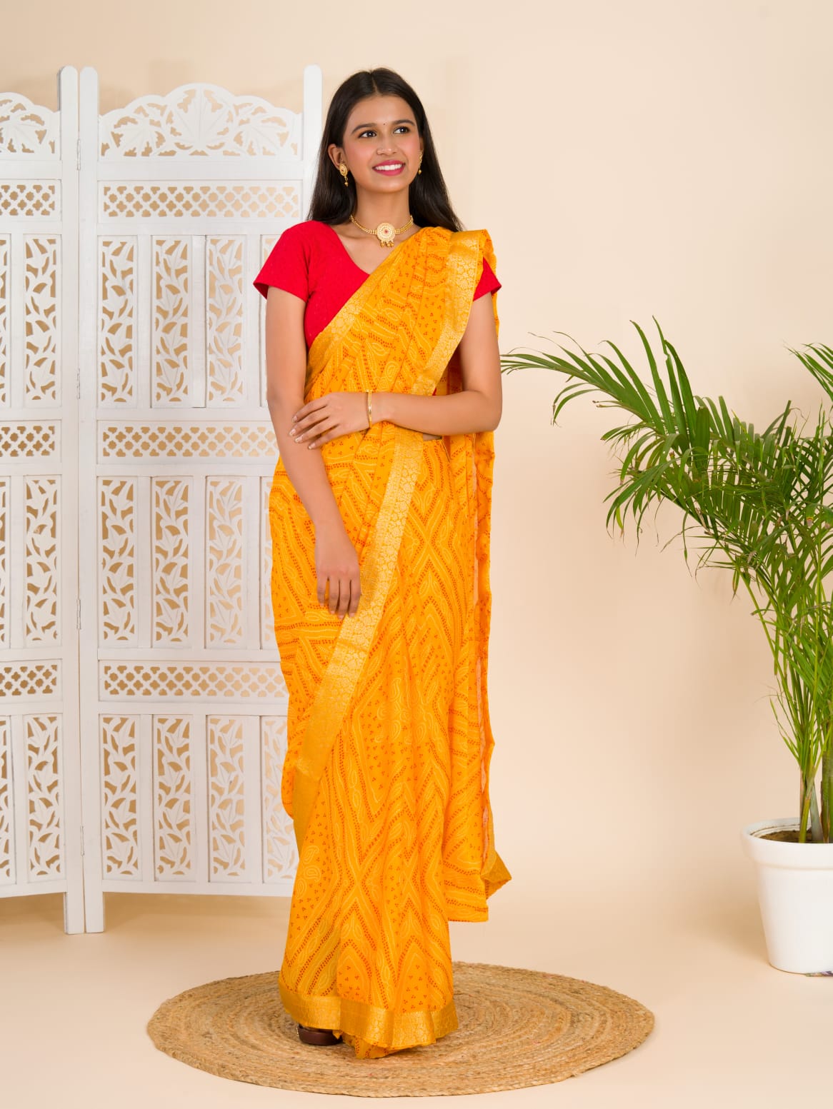 Tanmira Beautiful Moss Chiffon Georgette Bandhani Sarees Yellow