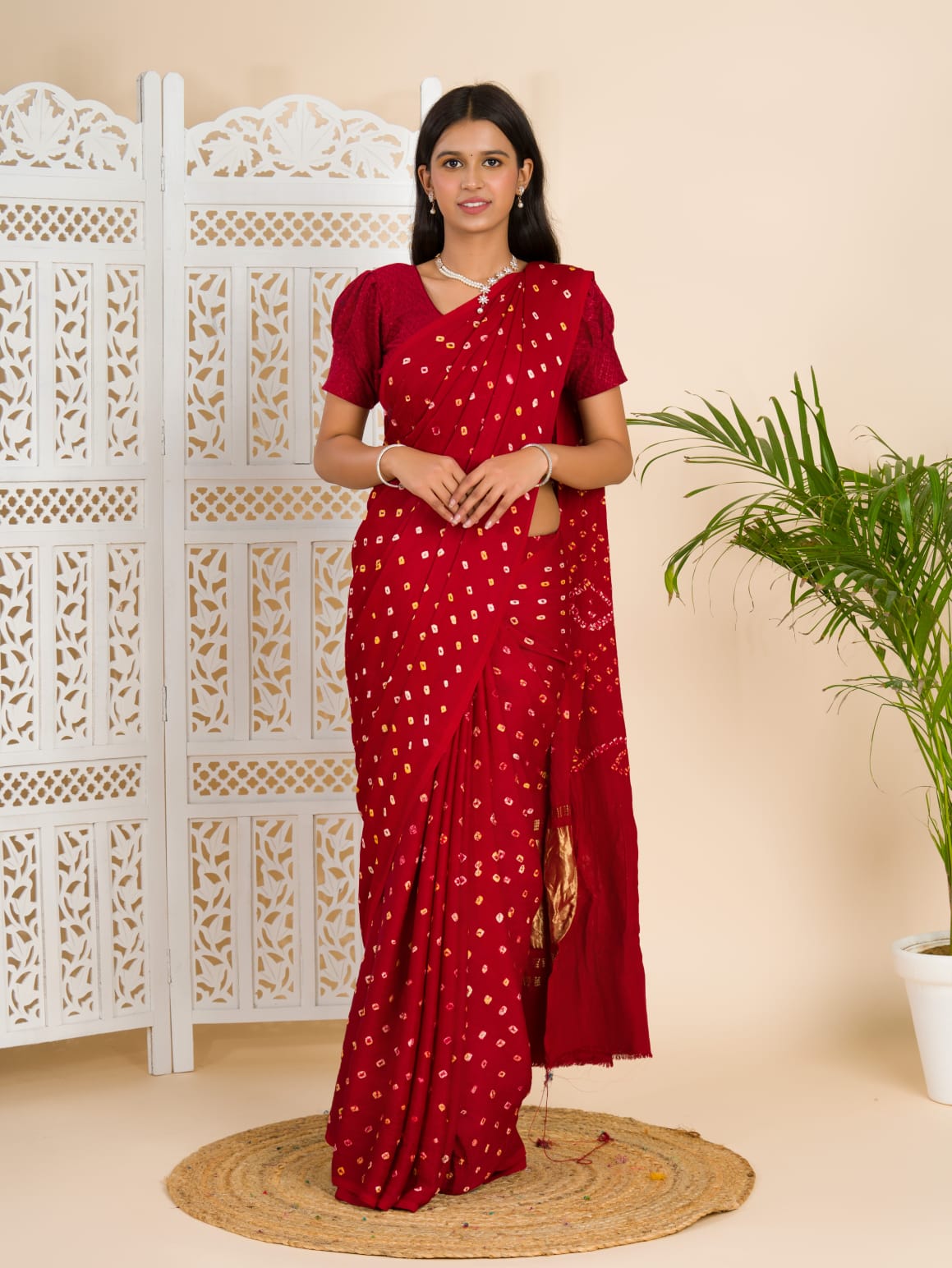 Tanmira Modal Gaji Silk Bandhani Ekdana Handmade Bandhej Saree with Lagdi Patta pallu RJB