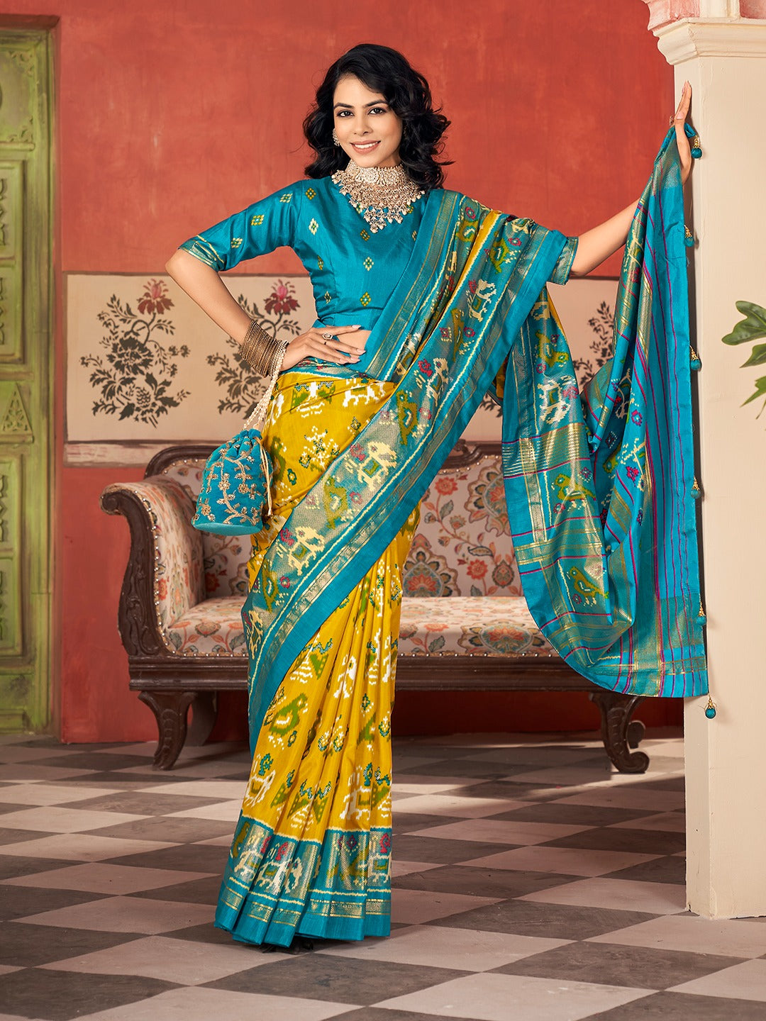 Tanmira New Malai silk Patola Style With Hand print Work saree