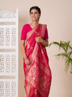 A red and golden Banarasi style saree with zari weaving,