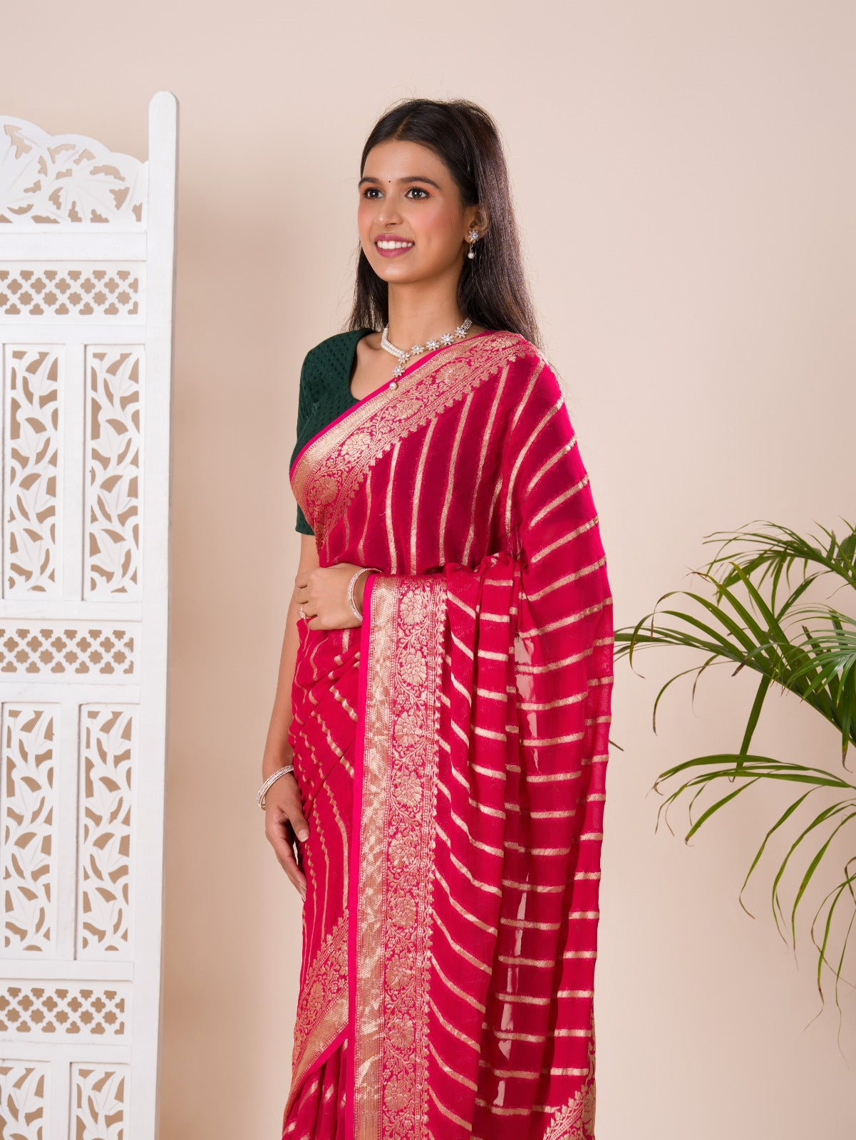Tanmira Pure khaddi Georgette Banarasi Handloom Leheriya Zari Weaving Saree MAHA