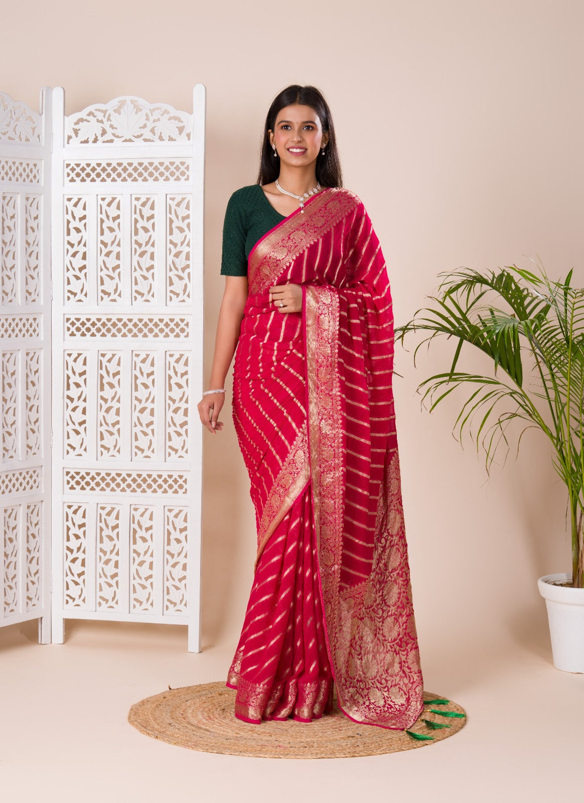 Tanmira Pure khaddi Georgette Banarasi Handloom Leheriya Zari Weaving Saree MAHA