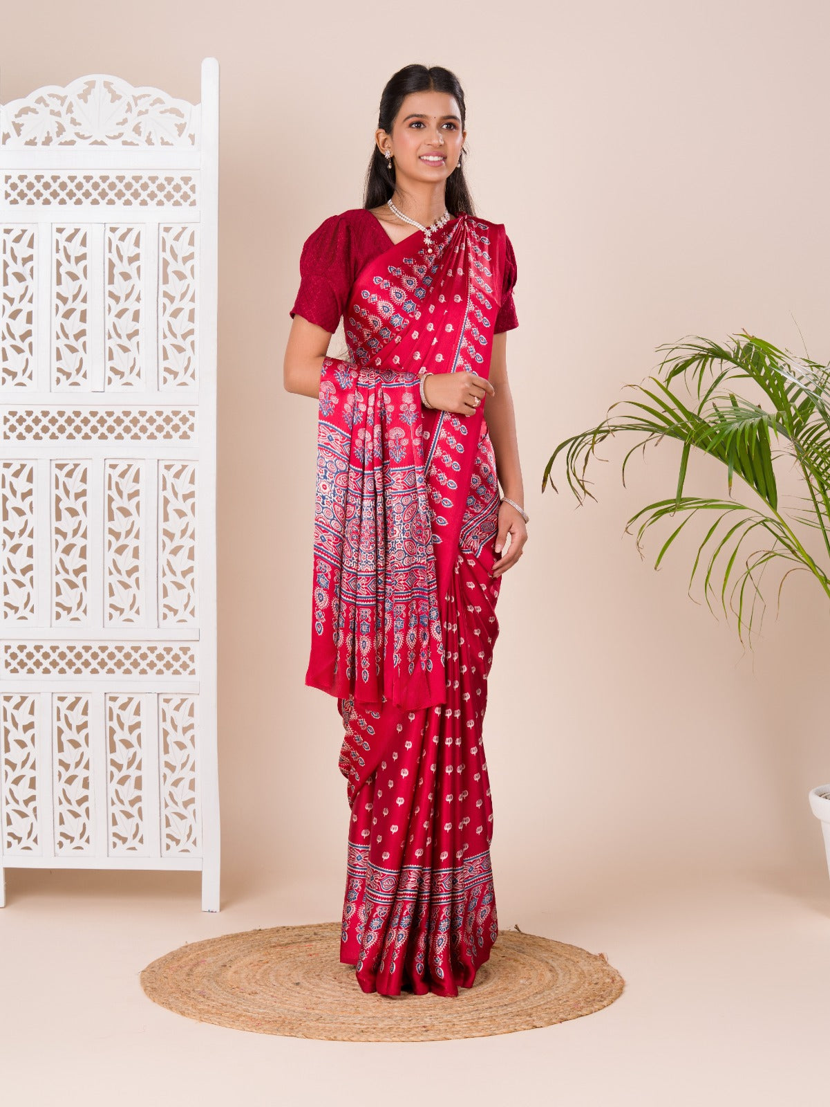 Tanmira New Modal Silk Ajrakh Print Pallu Bandhani Saree STR