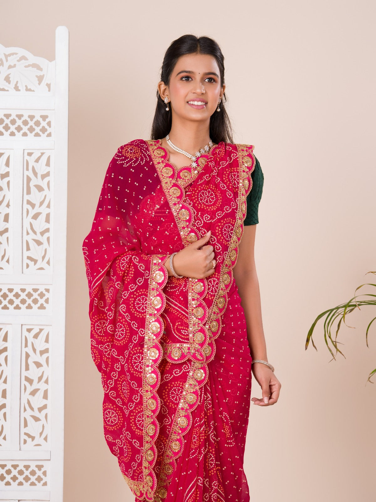 Tanmira Pure Georgette Marwadi Chunri Bandhej Gotapatti Work Saree Margenta