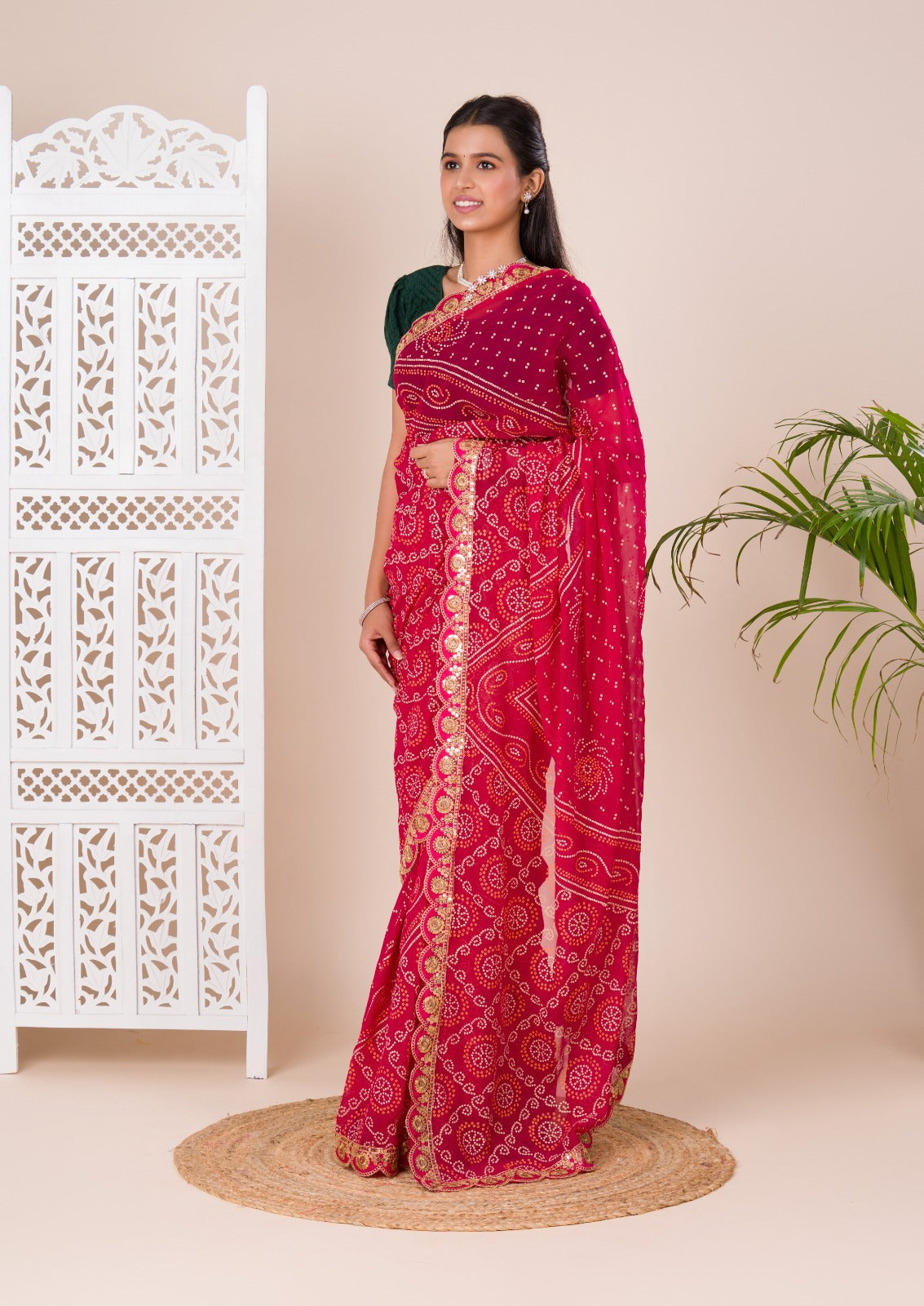 Tanmira Pure Georgette Marwadi Chunri Bandhej Gotapatti Work Saree Margenta
