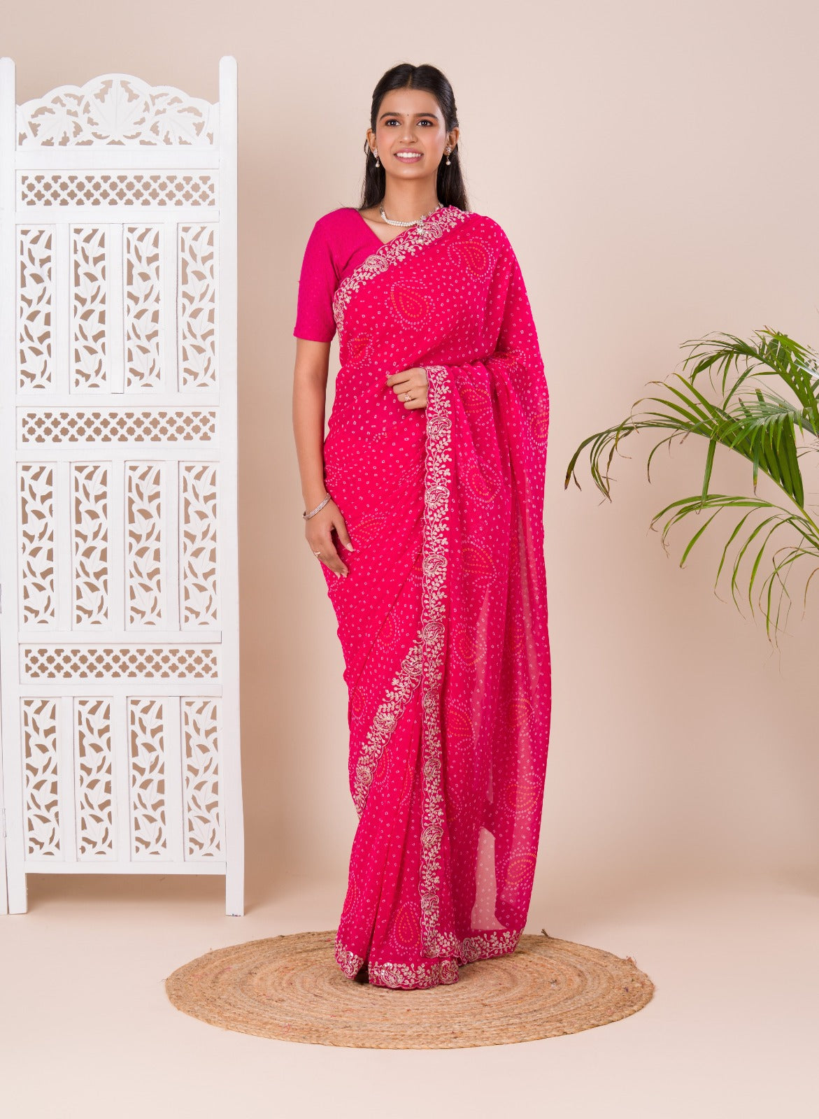 Tanmira Special Mos chiffon Hand Pitta aari Work Bandhani Saree STL