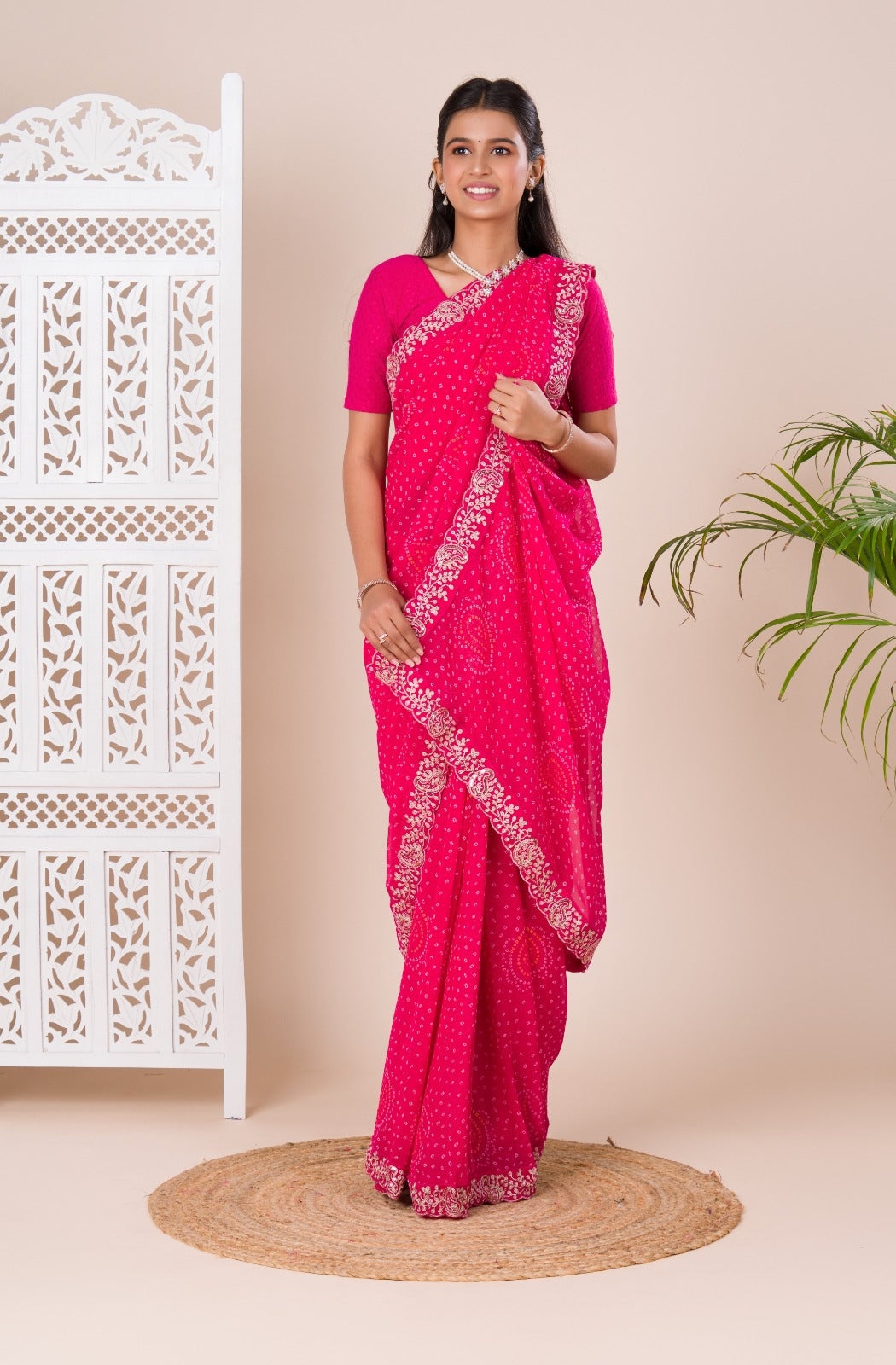 Tanmira Special Mos chiffon Hand Pitta aari Work Bandhani Saree STL