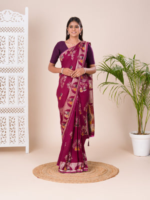 Silk Dimond Work Saree in wine colour for festival