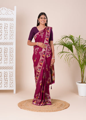 Silk Dimond Work Saree in wine colour for festival