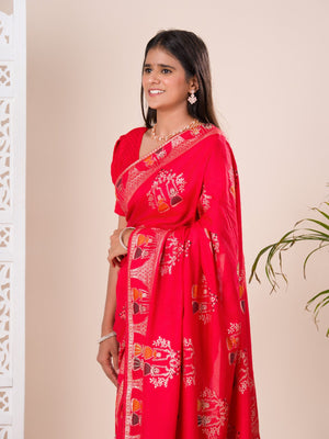 silk Dimond Work Saree in red colour