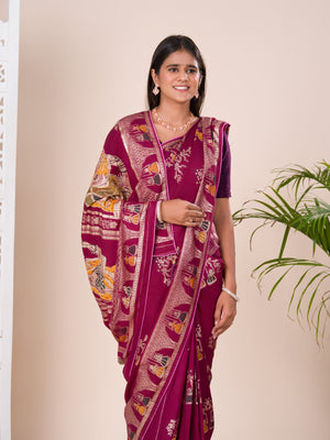 Silk Dimond Work Saree in wine colour for festival